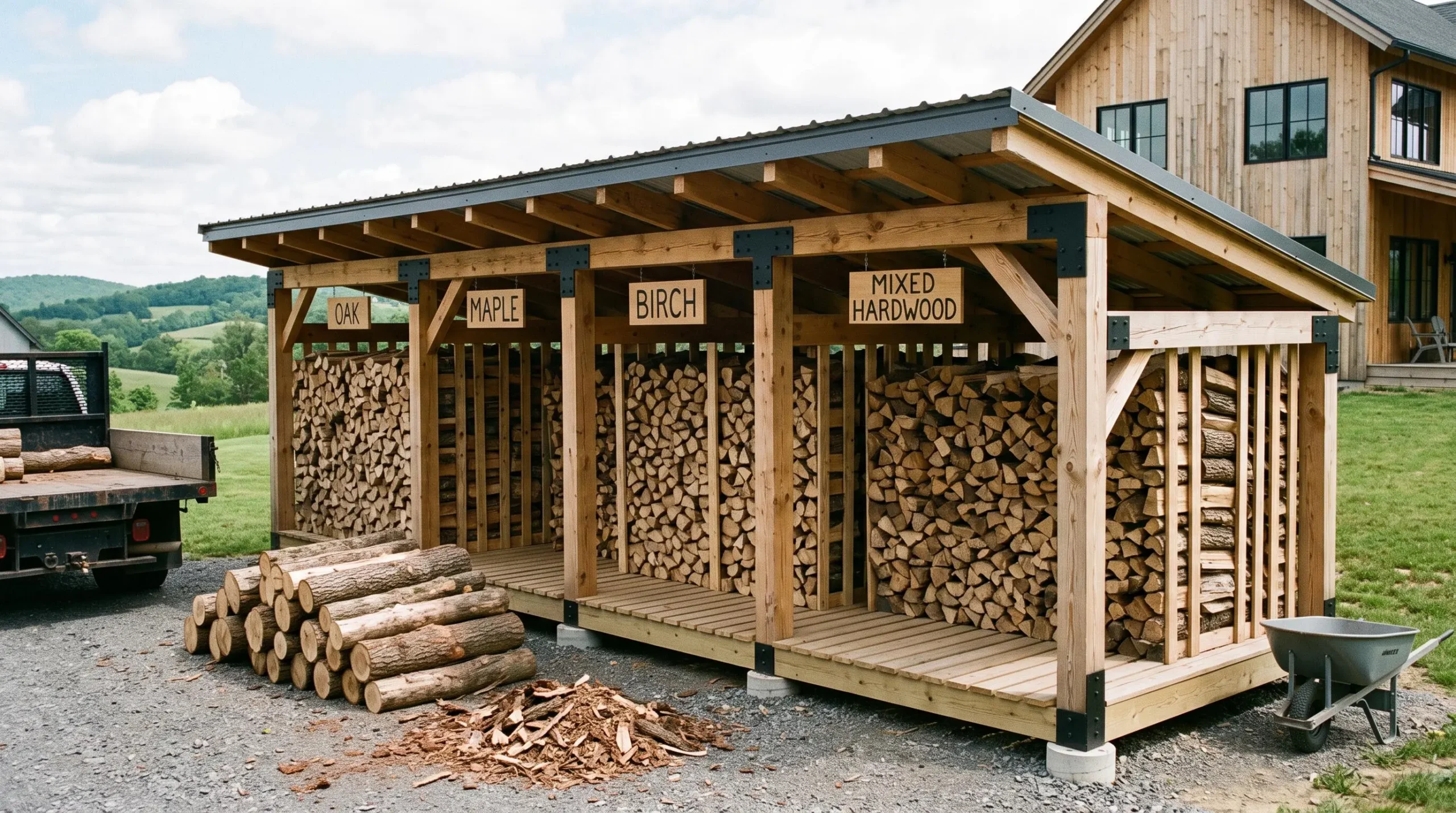 Abri à bois extérieur avec stères de bois sec correctement empilés et organisés par essence dans un jardin pavillonnaire