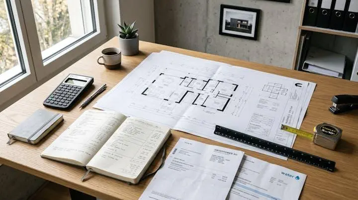 Bureau d'étude avec plans de maison, calculatrice et documents pour estimation personnalisée du budget chauffage