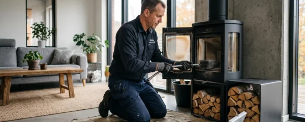 Technicien professionnel effectuant la maintenance annuelle d'un poêle à bois moderne dans un salon contemporain avec outils d'entretien