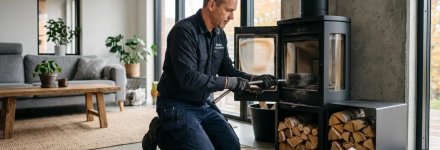 Technicien professionnel effectuant la maintenance annuelle d'un poêle à bois moderne dans un salon contemporain avec outils d'entretien